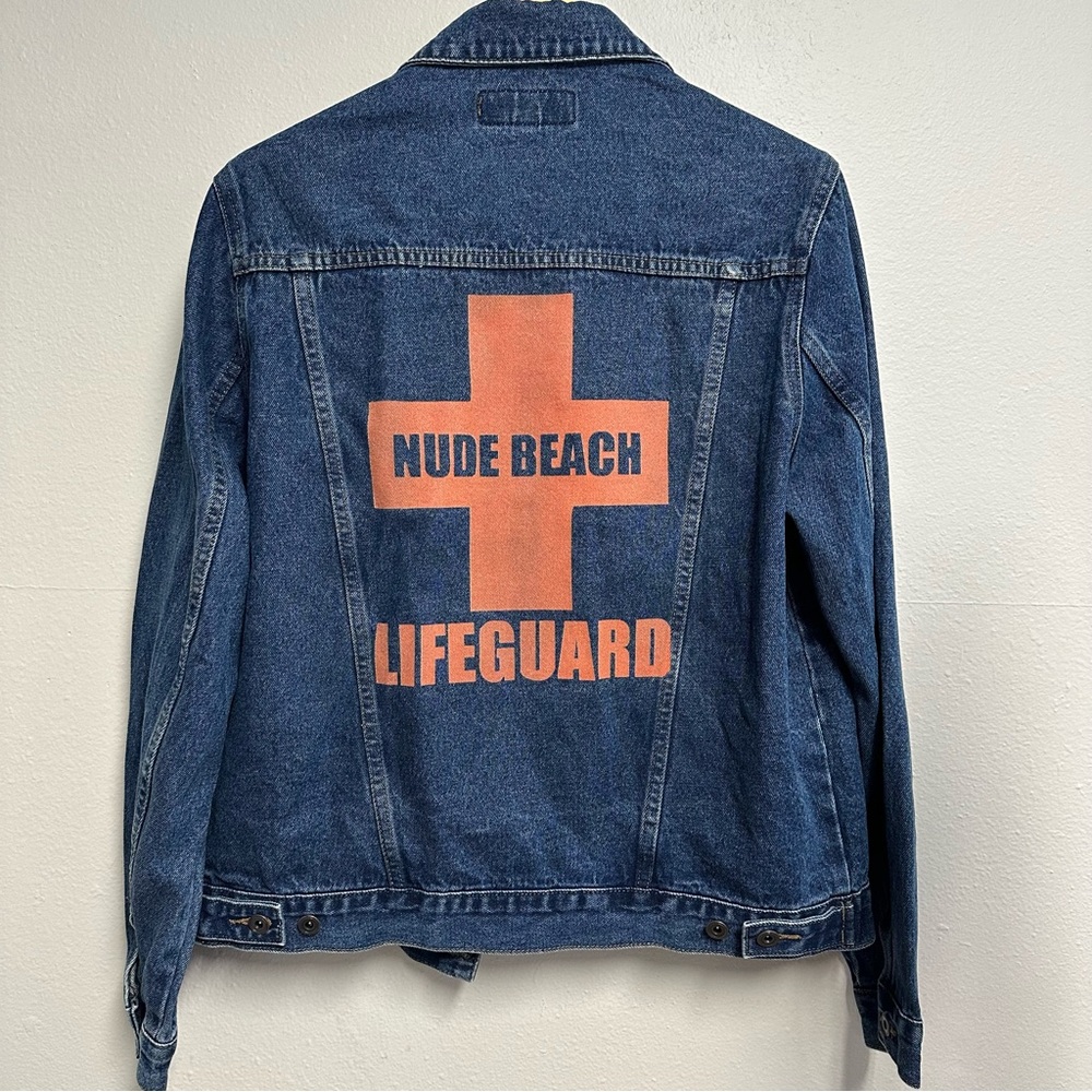 Men’s Nude Beach Lifeguard Denim Jacket 100% Cotton Sz Medium Streetwear Humor